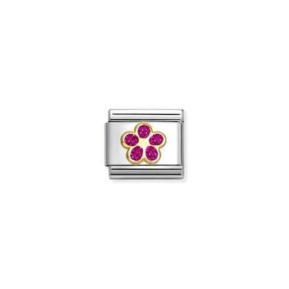 Nomination Classic Gold Charm - Fuschia Glitter Flower