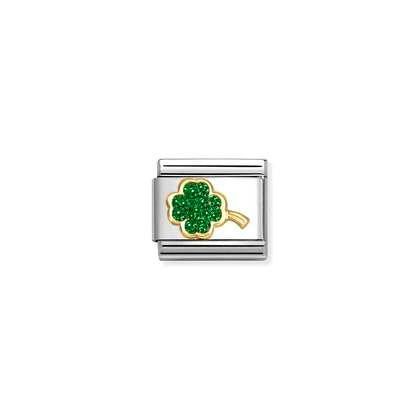 Nomination Classic Gold Charm - Green Glitter Clover