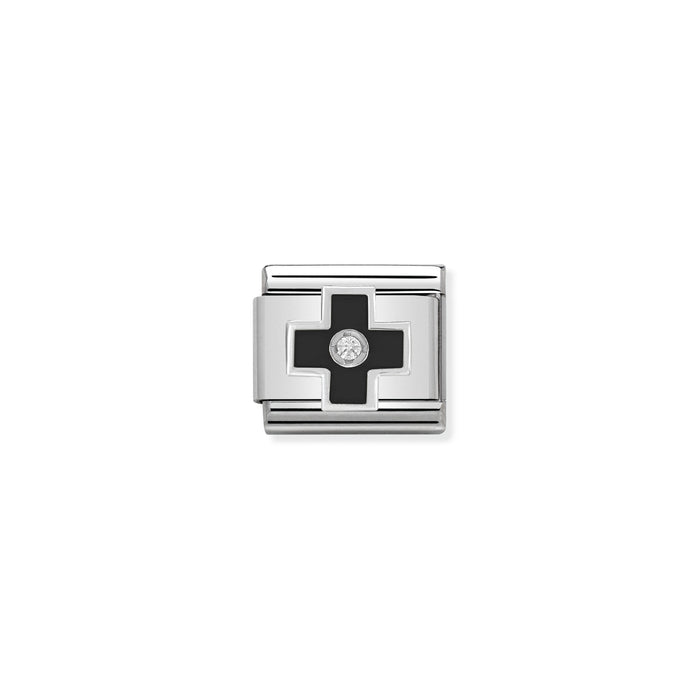 Nomination Classic Link Symbols Enamel Cubic Zirconia and Silver Black Cross