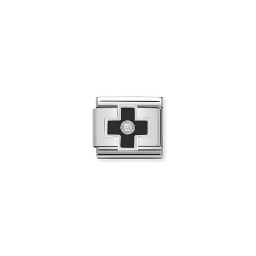 Nomination Classic Link Symbols Enamel Cubic Zirconia and Silver Black Cross