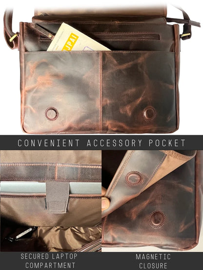 Outlander Leather Laptop Messenger Bag – 14 Inch Office Satchel Travel Crossbody for Men