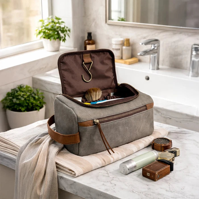 Parker Leather Canvas Hanging Toiletry Bag - Handmade Travel Dopp Kit