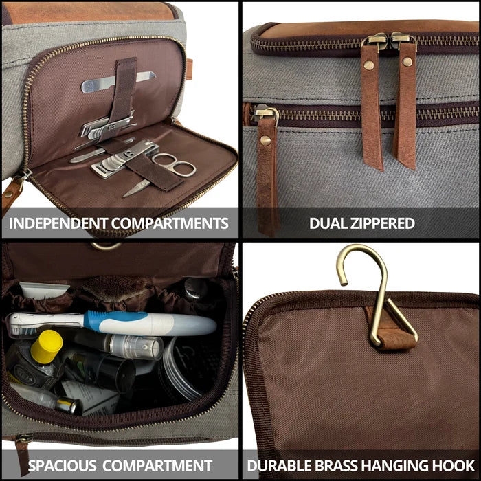 Parker Leather Canvas Hanging Toiletry Bag - Handmade Travel Dopp Kit