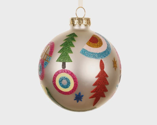 Pearl Glass Bauble With Glitter Design - 8cm