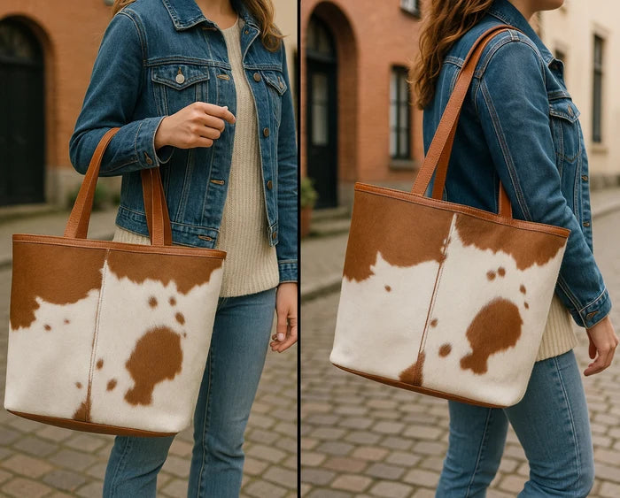Penelope Leather Tote Bag for Women - Hair On Shoulder Satchel Handbag