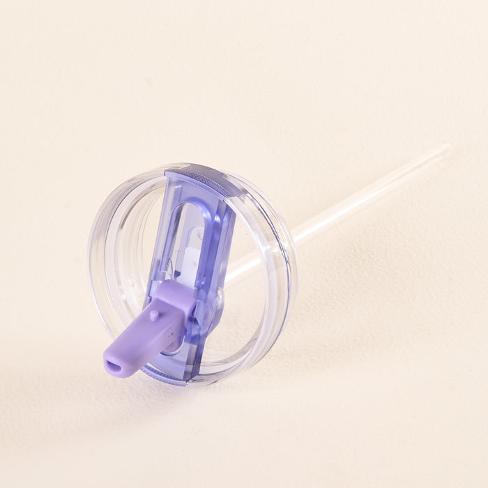 The-darling-effect’s Periwinkle 40 oz Lifestyle Flip Straw Lid features a clear plastic design with a purple flip-up spout and attached straw—ideal for leak-resistant hydration on the go. Shown against a neutral background.