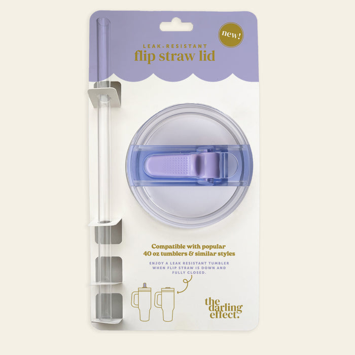 The-darling-effect Periwinkle 40 oz Lifestyle Flip Straw Lid set includes a clear straw and lavender flip-top. Packaged for hydration benefits, product details, and compatibility with 40 oz tumblers and similar styles.