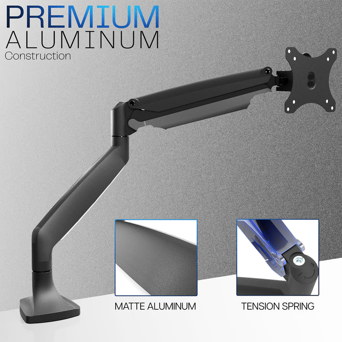 Black monitor arm with premium aluminum construction details on a gray background.