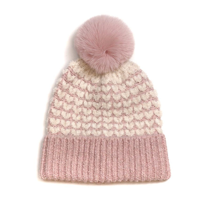 POM Knitted Hat With Faux Fur Pom Pom - Pale Pink
