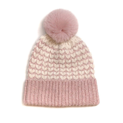 POM Knitted Hat With Faux Fur Pom Pom - Pale Pink