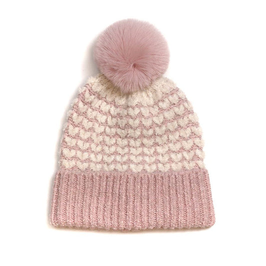 POM Knitted Hat With Faux Fur Pom Pom - Pale Pink