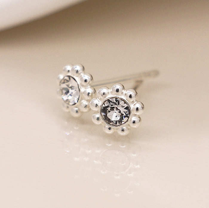 POM Silver Round Fancy Rhinestone Stud Earrings