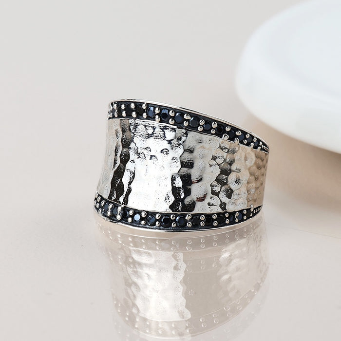 POM Sterling Silver Beaten Ring With Stone Border