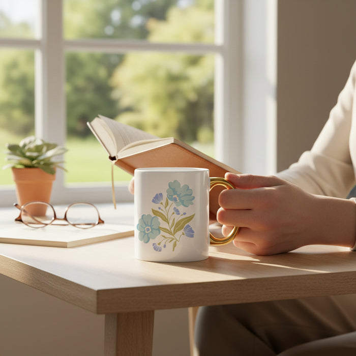 A person sits at a table by a window, holding an open book. On the table are The Darling Effect's Poppin' Petals Aqua 11 oz Cozy Cute Ceramic Mug, a small potted plant, a notebook, and eyeglasses.
