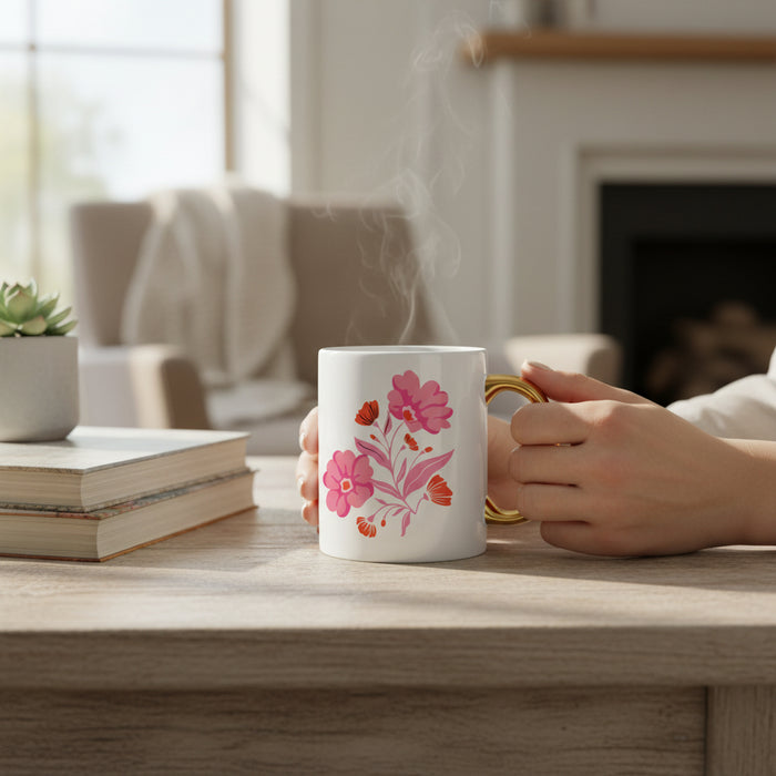 Hands holding The Darling Effect Poppin' Petals Hot Pink 11 oz Cozy Cute Ceramic Mug with a golden handle and pink-red floral design, perfect for coffee or tea, set on a wooden table beside stacked books and a small succulent.