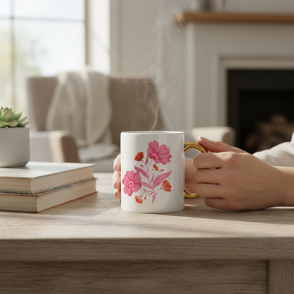 Hands holding The Darling Effect Poppin' Petals Hot Pink 11 oz Cozy Cute Ceramic Mug with a golden handle and pink-red floral design, perfect for coffee or tea, set on a wooden table beside stacked books and a small succulent.