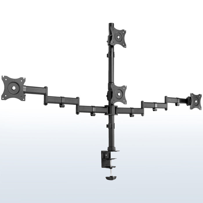 Sturdy height adjustable quad monitor desk stand.