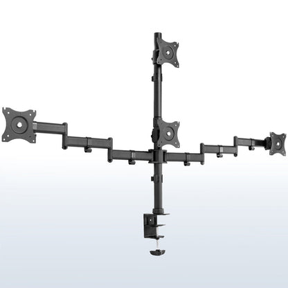 Sturdy height adjustable quad monitor desk stand.