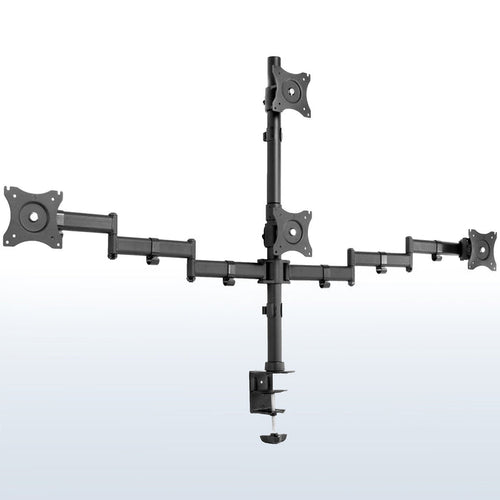 Sturdy height adjustable quad monitor desk stand.