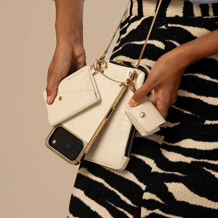 Remi Magnet Wallet Crossbody Phone Case Essentials Set - Ivory Croc/Gold