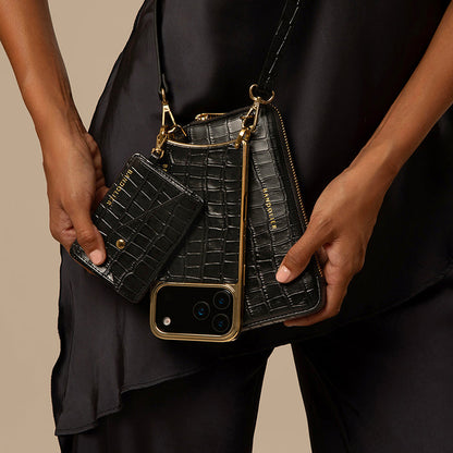Remi Magnet Wallet Crossbody Phone Case Pouch Set - Black Croc/Gold