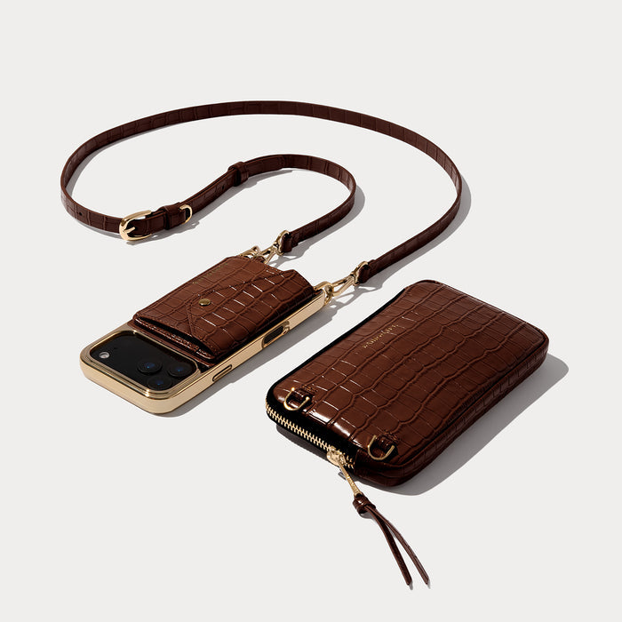 Remi Magnet Wallet Crossbody Phone Case Pouch Set - Brown Croc/Gold