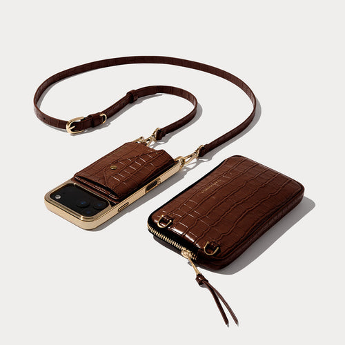Remi Magnet Wallet Crossbody Phone Case Pouch Set - Brown Croc/Gold