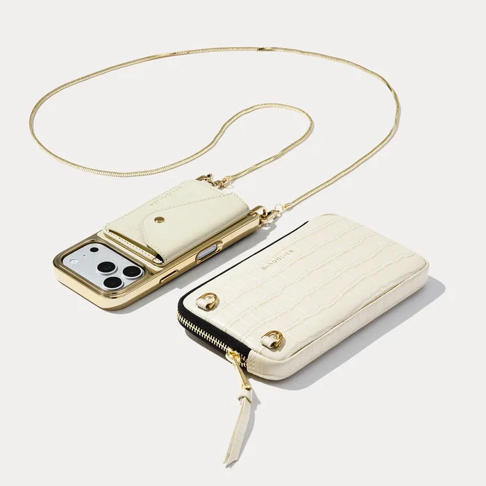 Remi Magnet Wallet Crossbody Phone Case Pouch Set - Ivory Croc/Gold