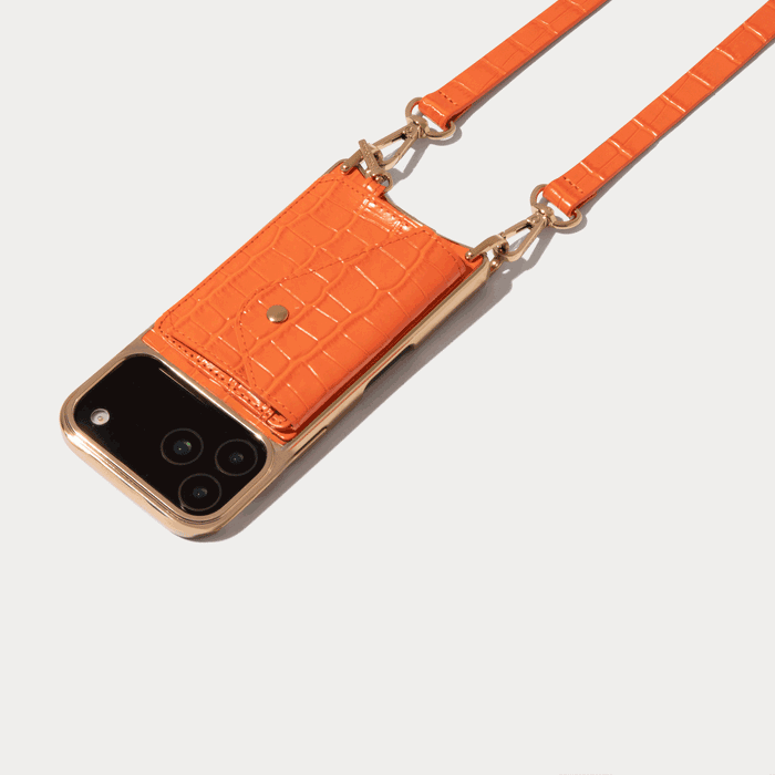 Remi Magnet Wallet Crossbody Phone Case Pouch Set - Orange Croc/Gold