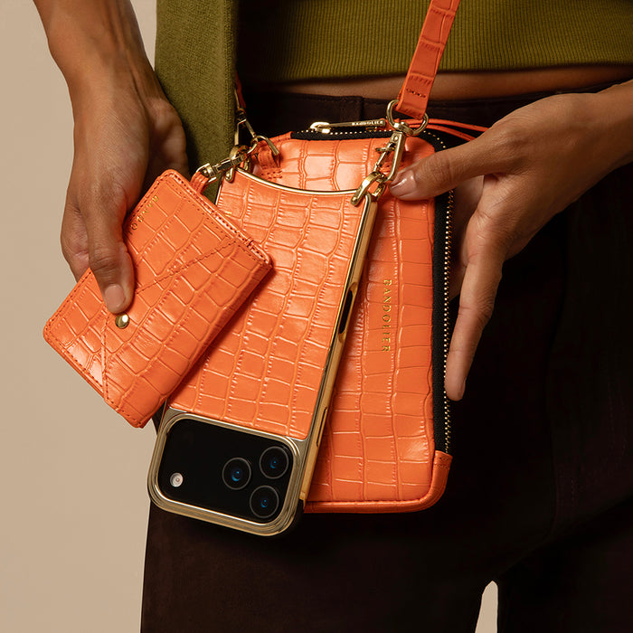 Remi Magnet Wallet Crossbody Phone Case Pouch Set - Orange Croc/Gold