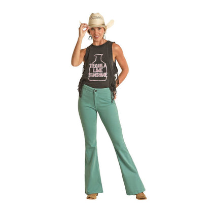 Rock & Roll Denim Ladies Turquoise Button Flare Jean