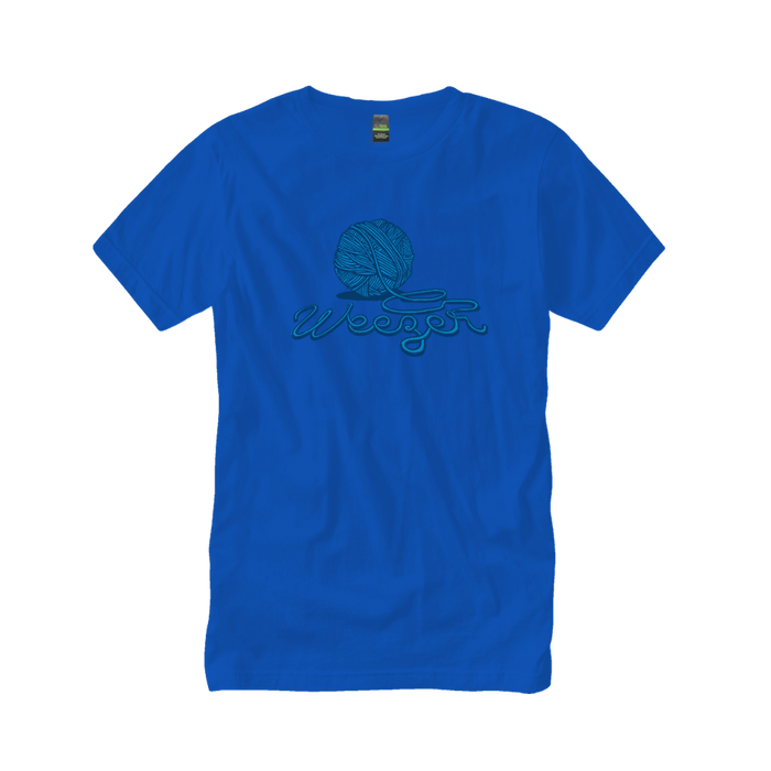 Bright blue cotton t-shirt featuring a teal embroidered design of a yarn ball and the word ’weezer’ in cursive script.