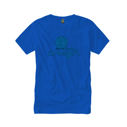 Bright blue cotton t-shirt featuring a teal embroidered design of a yarn ball and the word ’weezer’ in cursive script.