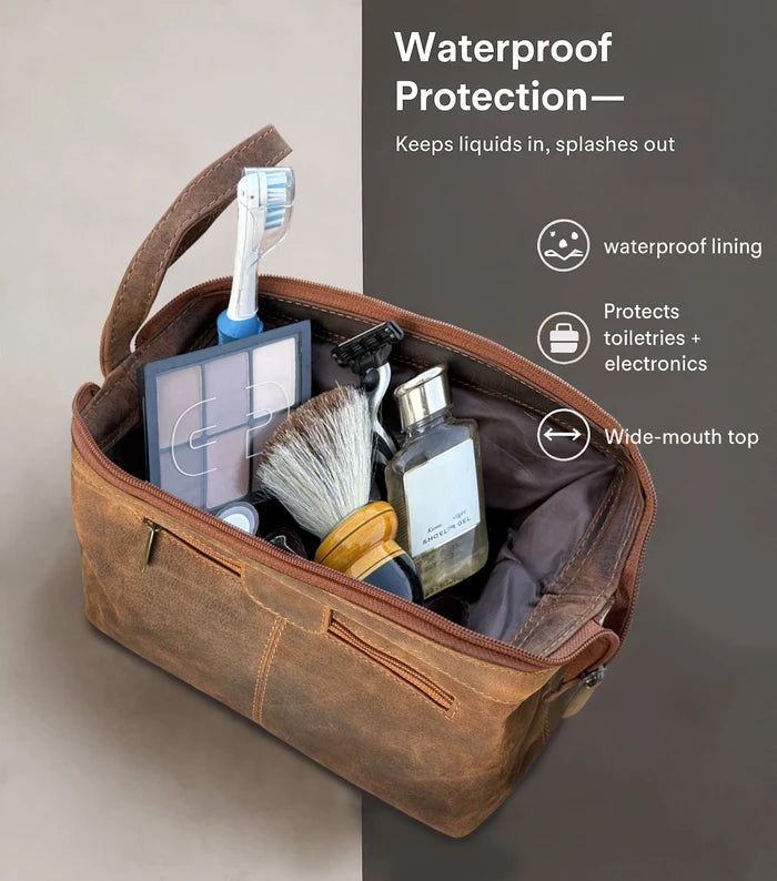 Sage Full-Grain Leather Toiletry Bag - Metal-Frame Large Dopp Kit