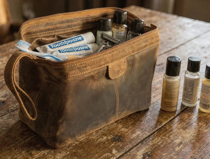Sage Full-Grain Leather Toiletry Bag - Metal-Frame Large Dopp Kit