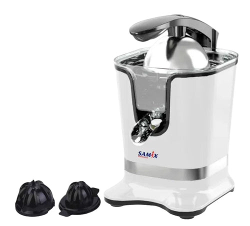 A white SAMIX juicer with a powerful motor, featuring a compact design and removable parts for easy cleaning.