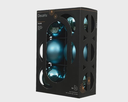 Set Of 6 Shiny & Matt Mix Glass Baubles - Folk Blue