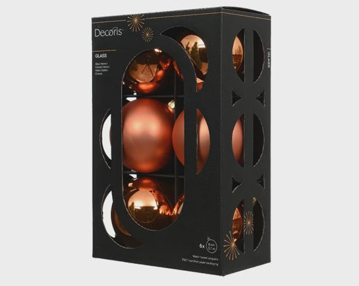 Set Of 6 Shiny & Matt Mix Glass Baubles - Warm Orange