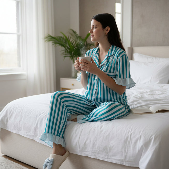 A woman wearing The Darling Effect's Sicily Stripes Teal Slumber Party Pajama Pants Set, crafted from ultra-soft fabric, sits on a made bed holding a mug and looking out the window. An open book and a green plant complete the cozy scene.