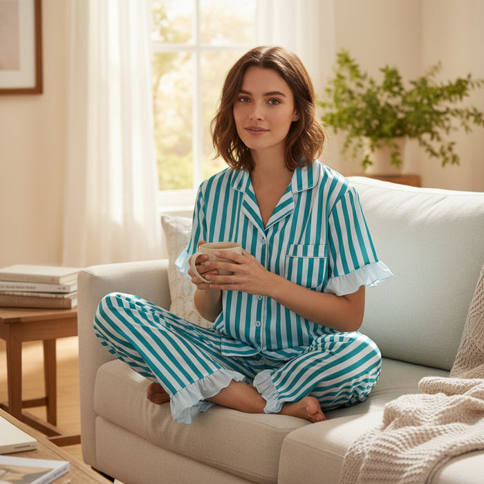 A woman wearing blue and white striped Slumber Party Pajamas made of ultra-soft fabric sits cross-legged on a sofa, holding a mug and smiling. The room is bright with natural light and decorated with plants and books.
