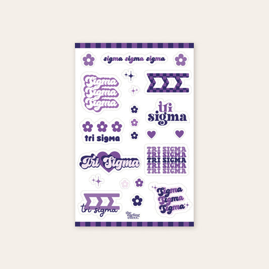 Show your sisterhood pride with The Darling Effect’s Sigma Sigma Sigma Sticker Sheet, featuring purple, white, and lavender designs with “Sigma,” Tri Sigma, ΣΣΣ Greek letters, flowers, and hearts on a striped background.