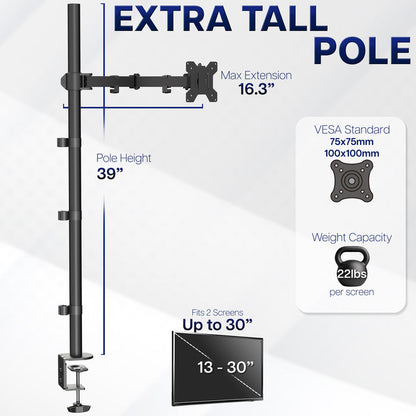 Measurements and specifications of an extra tall monitor stand on a white background
