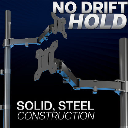 Extra tall monitor stand with 'No Drift Hold' and 'Solid, Steel Construction' text on a dark background