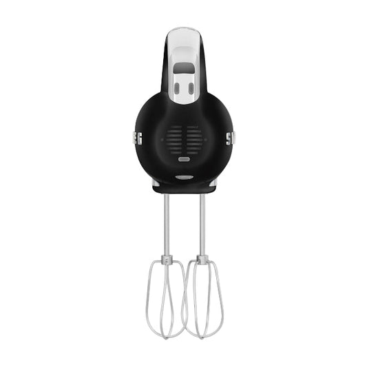 Black hand mixer with attachments on a white background