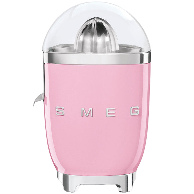 Pink citrus juicer with silver top on a white background