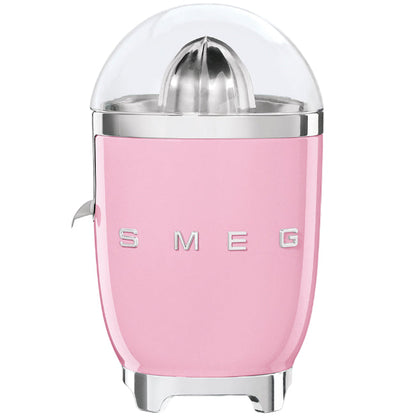 Pink citrus juicer with silver top on a white background