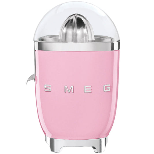 Pink citrus juicer with silver top on a white background