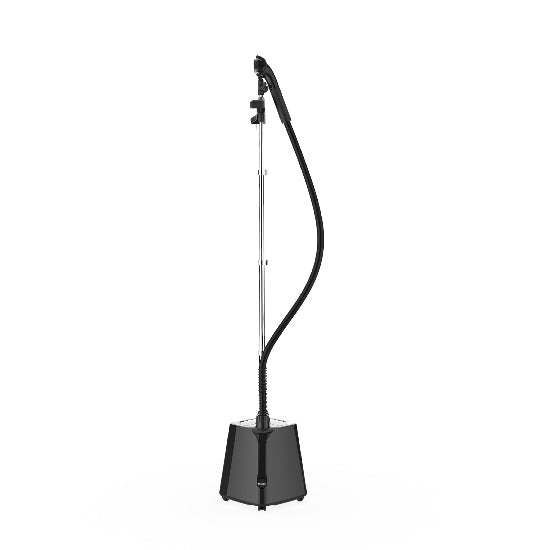 A black Steamone garment steamer with a tall, sleek design and a hanging hose.