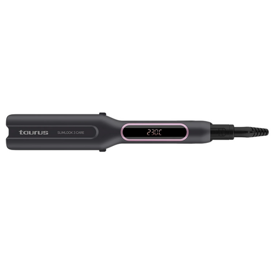 A black Taurus hair straightener with extra wide plates, displaying the brand name and temperature range on a digital screen.