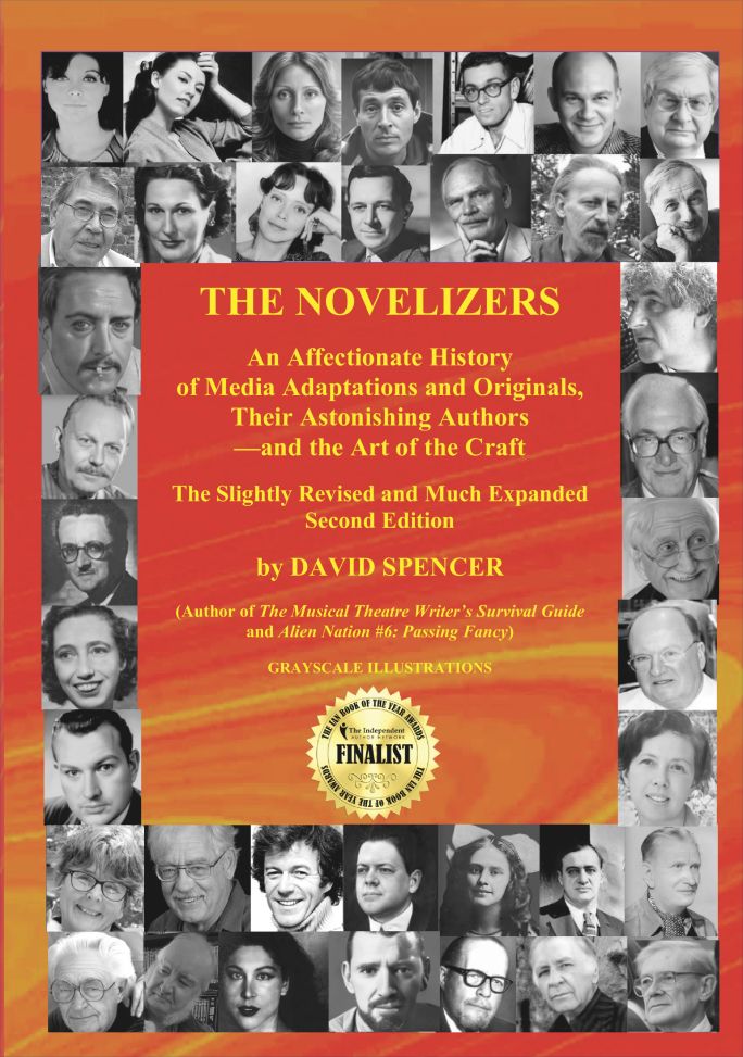 Book cover of 'The Novelizers' with a collage of authors' faces and a red background.
